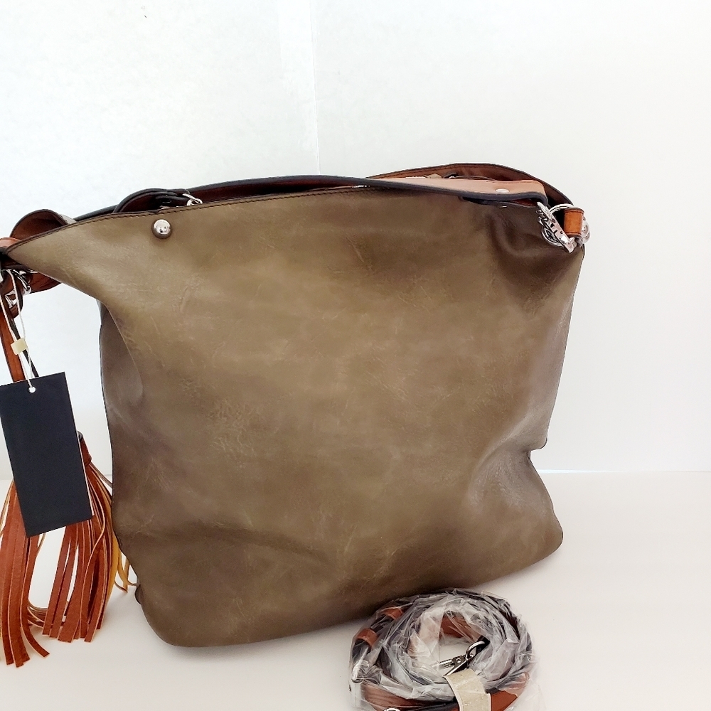 Le Miel Large Leather Army Green Tote /Shoulder Bag - Picture 7 of 11